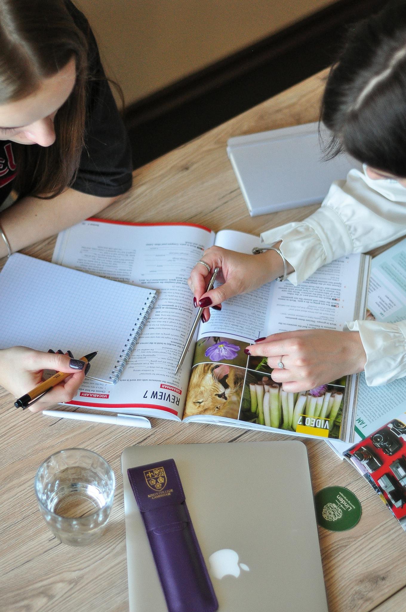Two students working together on homework, sharing ideas and studying with open books and laptops.